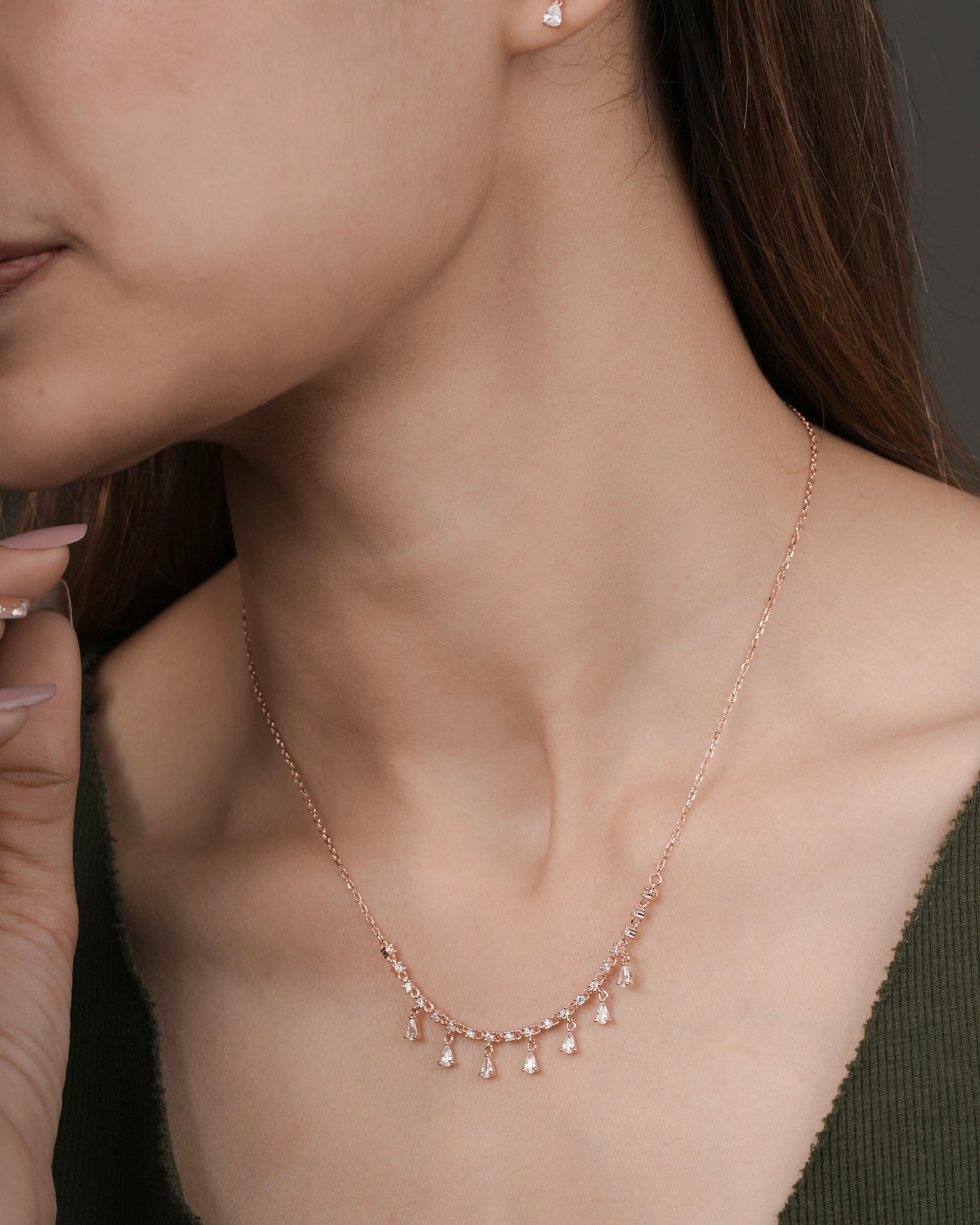 Pear Cut Rose Diamond Necklace in Silver, Rose Color - Selia & Co