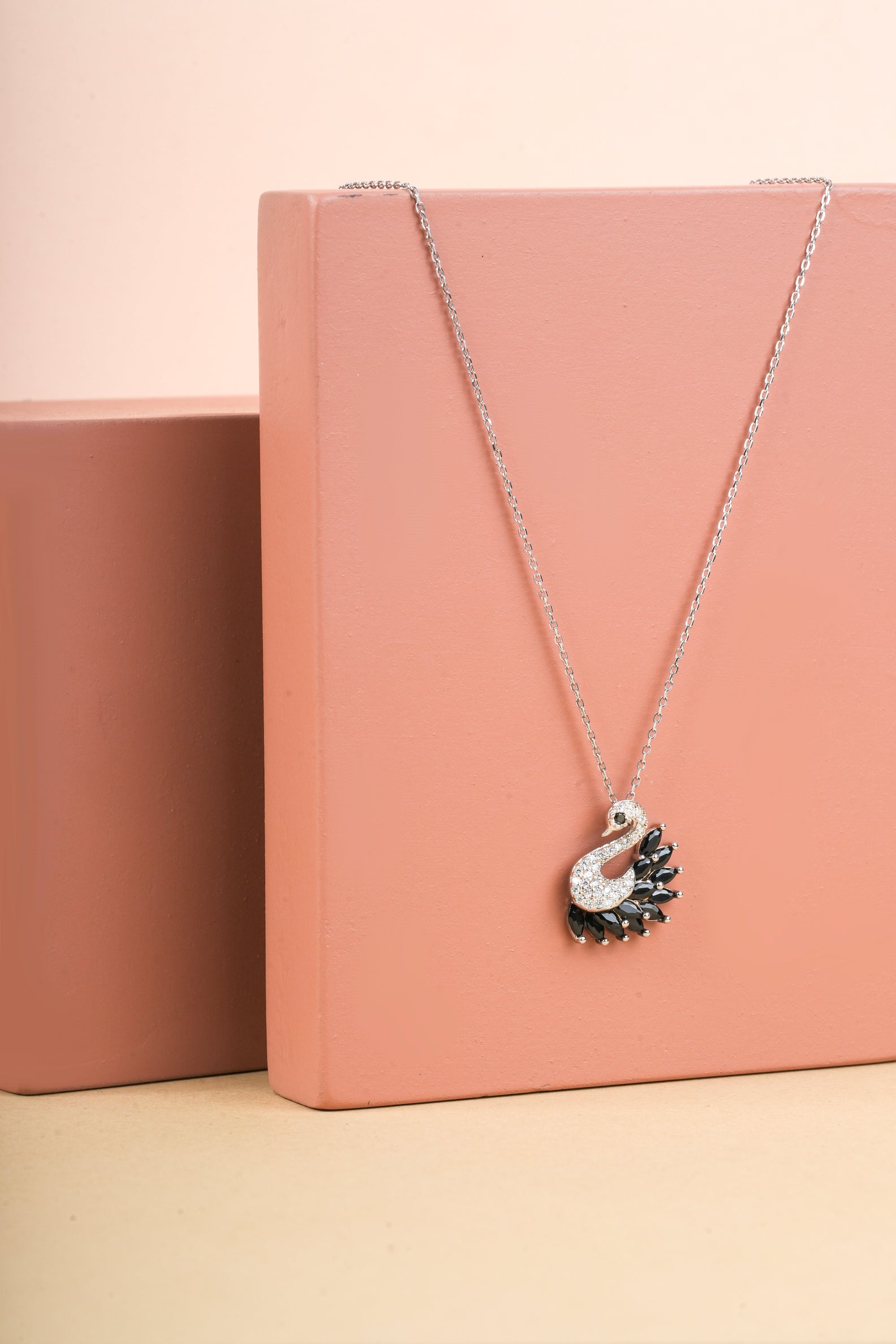 Selia & Co Swan Black Crystal CZ Western Party Sweater Pendant Chain Necklace