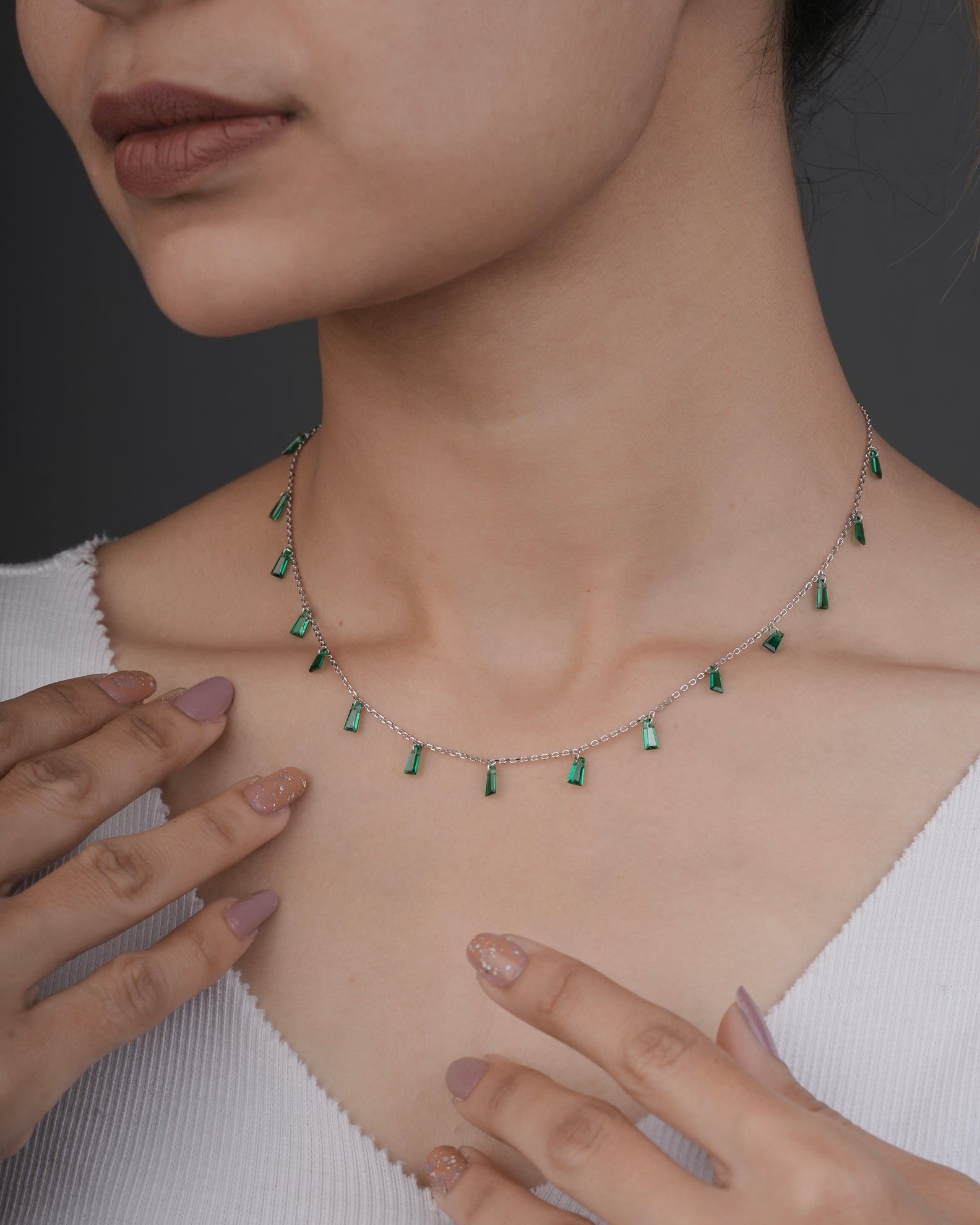 Emerald Green Gemstone Necklace in Rose Silver by Selia & Co